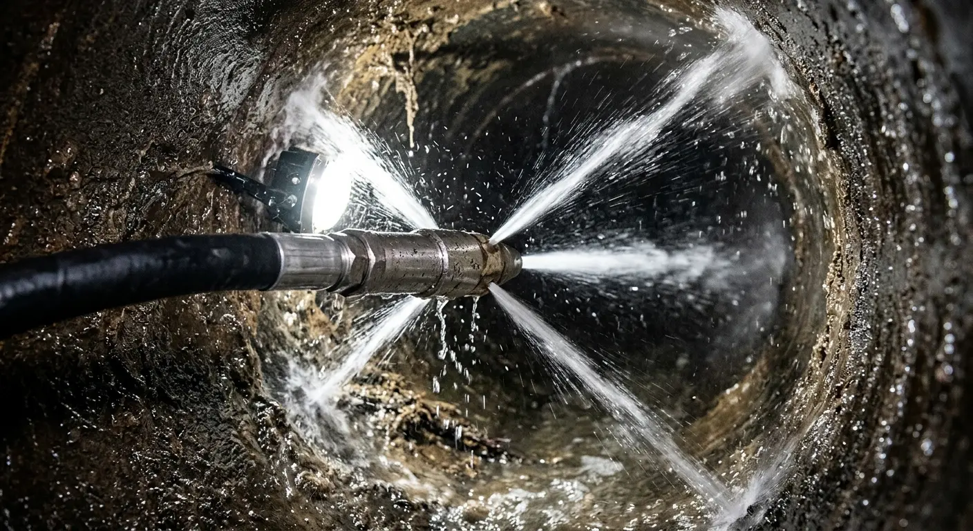 High-pressure hydro jetting nozzle cleaning sewer pipe for Sewer Cleanout in Spirit Lake