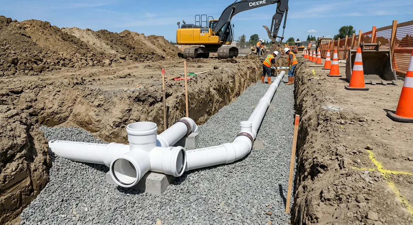 New PVC sewer pipe installation in open trench for Grease Trap Cleaning in Spirit Lake