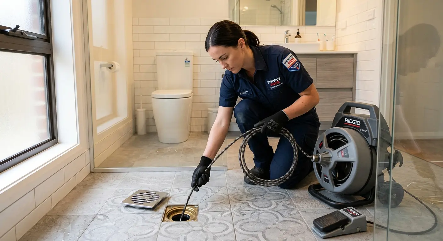 Technician clearing a bathroom floor drain for Drain Repair in Spirit Lake